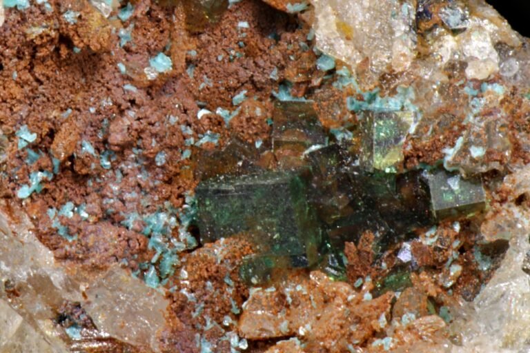Pharmacosiderite, Chalcophyllite, Wheal Gorland, Cornwall